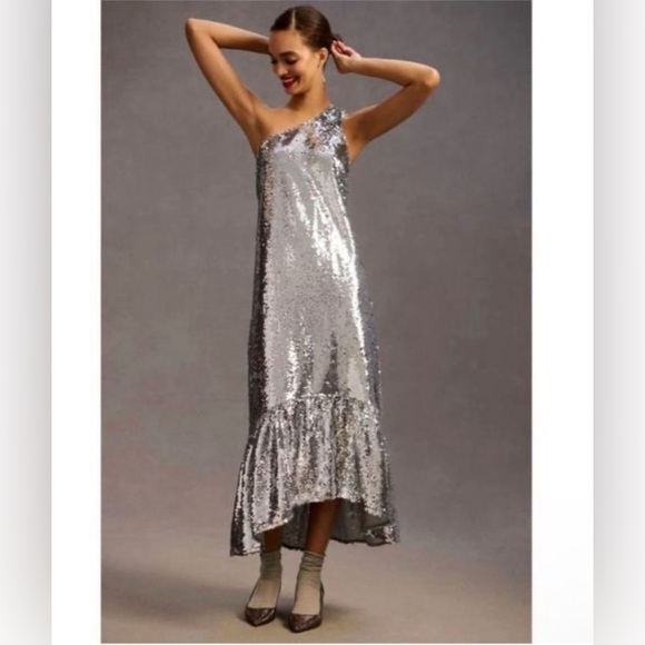 Anthropologie Silver Sequin Maxi Dress - Picture 2 of 8